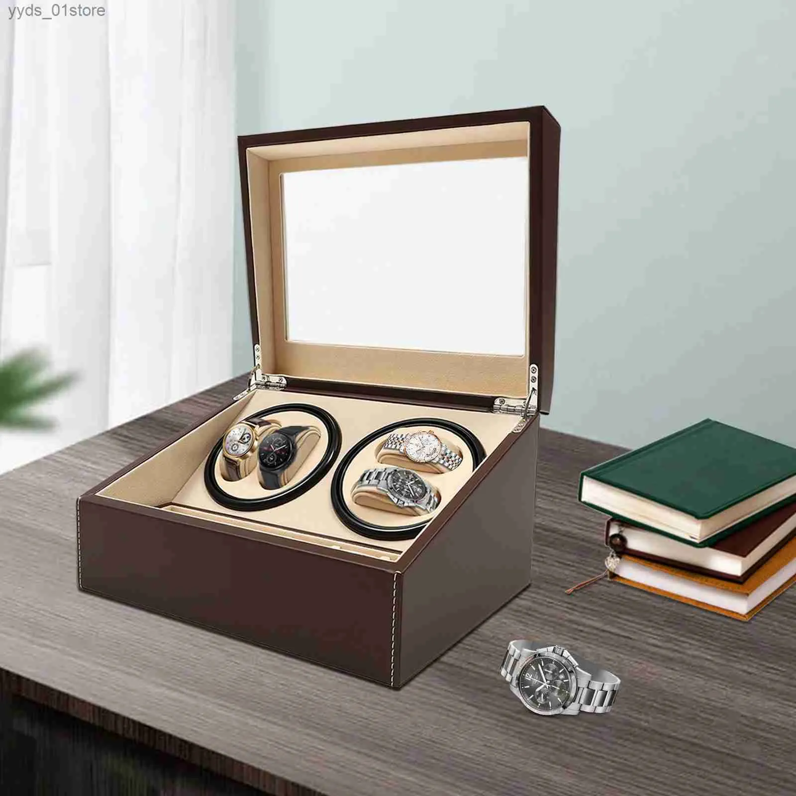 Caixas de jóias preto/marrom alta qualidade 4 + 6 máquina enrolamento caixa exibição automática caixa armazenamento luxo para baixo 10 l240323