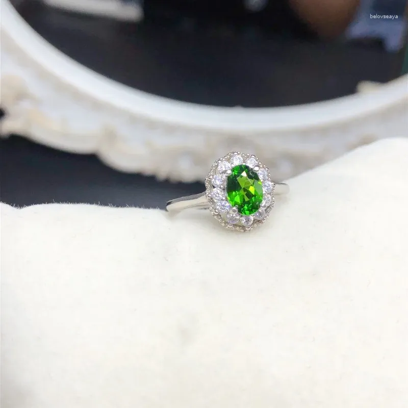 Anéis de Cluster Yulem Natural Peridot Anel para Presente Feminino Aniversário Birthstone 5x7mm S925 Prata Tamanho Ajustável Mulheres