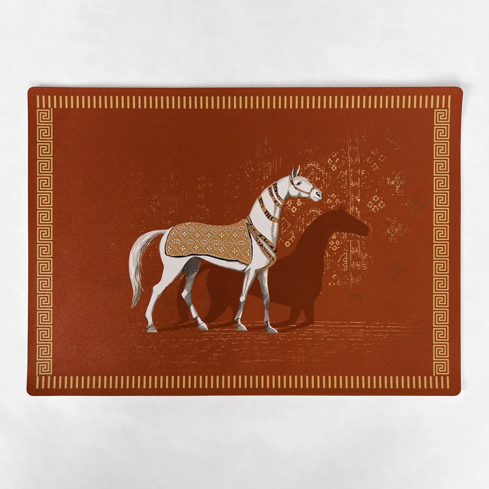 High Quatily Mild Luxury Retro Tang's Horse Printed Dining Table Placemat Waterproof Oil-Proof Leather Western-Style Placemat Table Mats