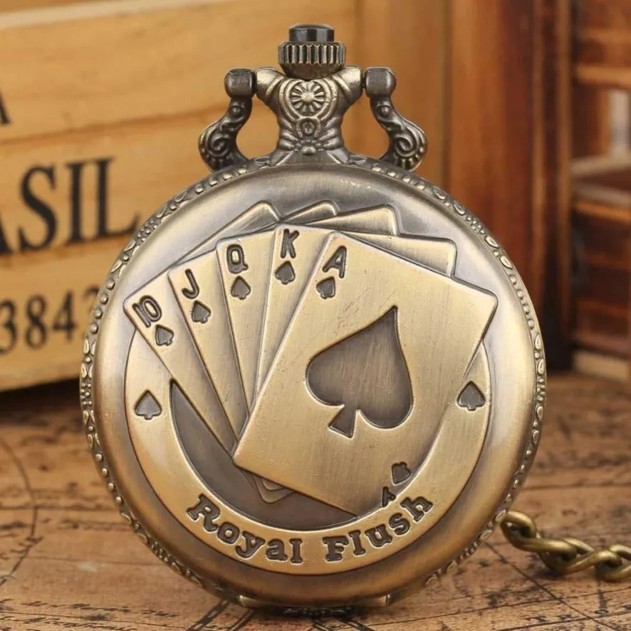 Relógios de bolso vintage retro bronze royal flush quartzo pingente fob relógio de bolso com colar corrente presente relógio para homens women240q