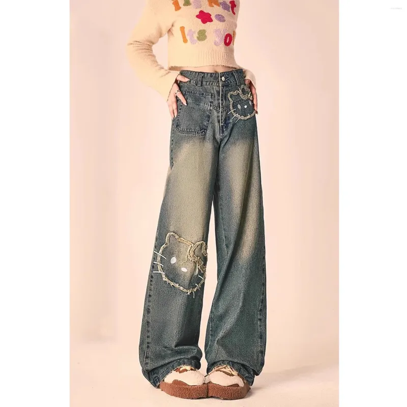 Women's Jeans American Vintage Y2K Low Rise Flare Woman Streetwear Aesthetic Cartoon Embroidery Jean Pants Washed Denim Trouser