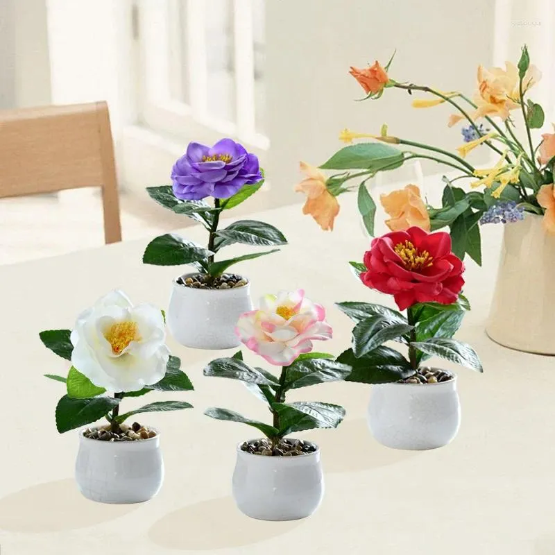 Dekorativa blommor Simulering Krukväxter Växtrum Dekor Enkel Head Camellia Bonsai Artificial Flower Office Desktop Ornament Fake Plants