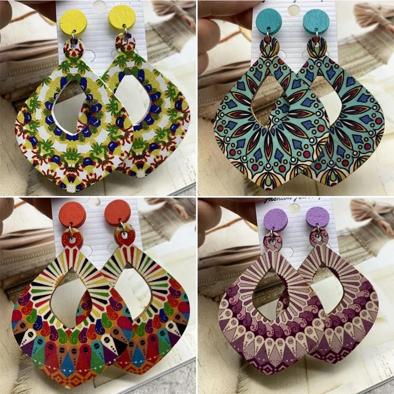 Dangle Earrings Fashion Bohemian Color Painted Water Drop Wooden For Women Ethnic Style Long Hollow Earring Female Jewelry