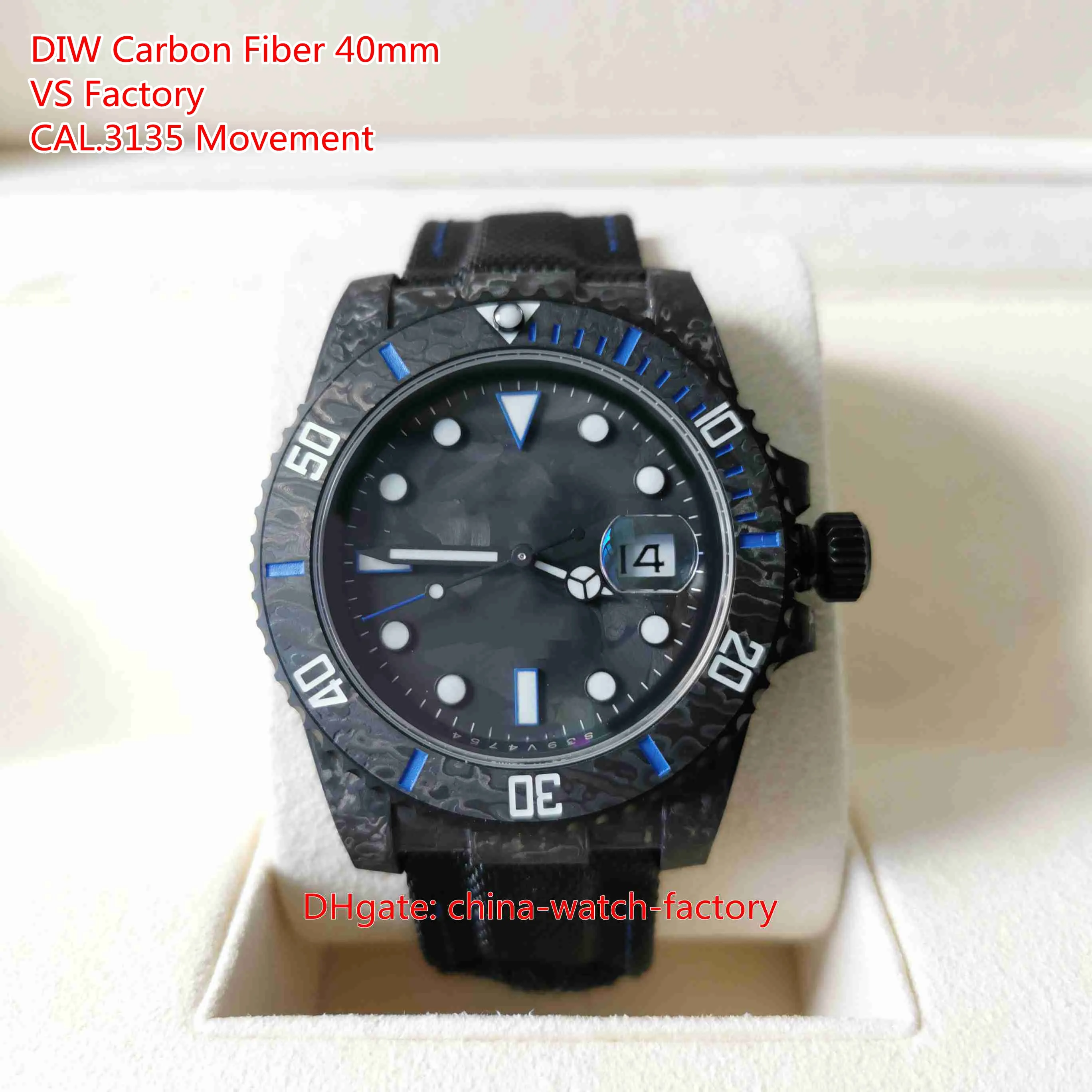 VS Factory Mens Watch VSF Bättre kvalitet 40mm 116610 Diw Carbon Fiber Bezel Luminova Watches Sapphire Cal.3135 Rörelse Mekaniska automatiska armbandsur