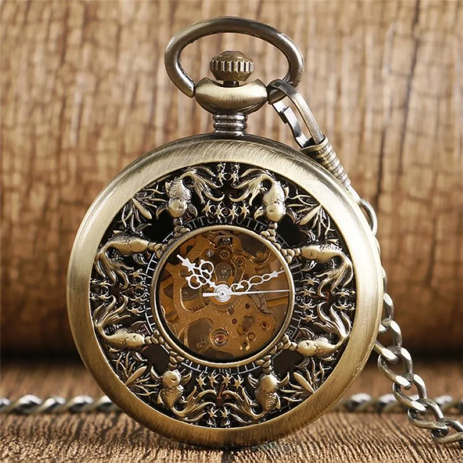 Steampunk Bronze Hollow Out Cute Little Goldfish Cover Handwind Mechanical Pocket Watch FOB Skeleton Clock Pendant Chain to Men Wo256d