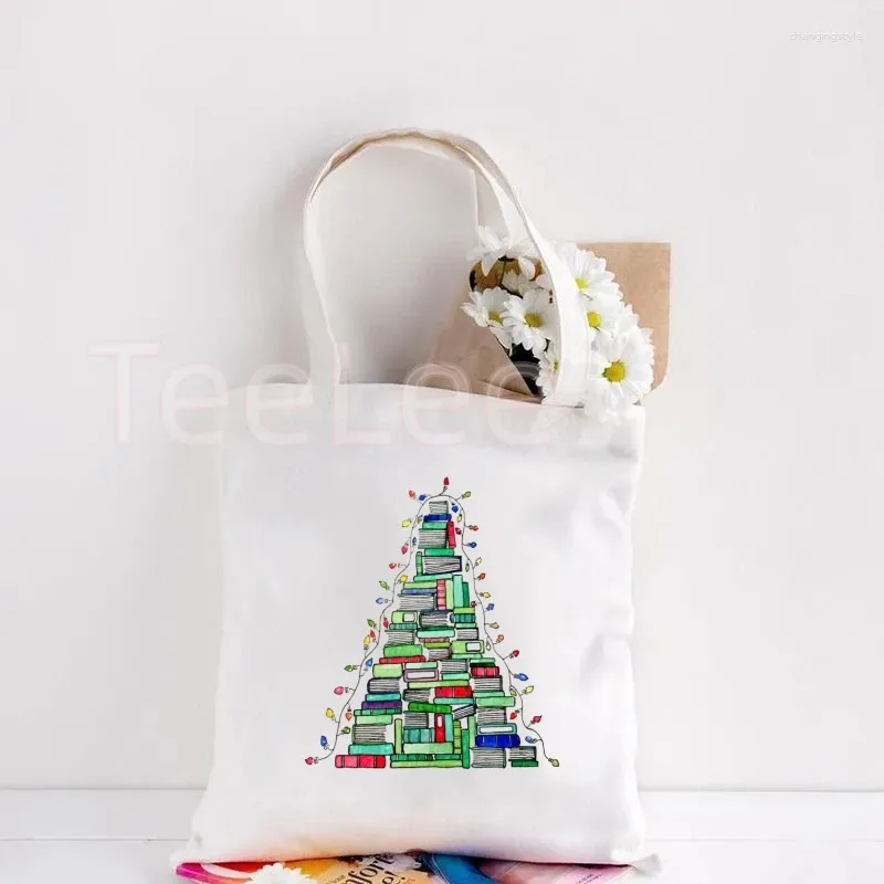 Einkaufstaschen, Weihnachtsbaum, Buch, Shopper, One-Shoulder-Druck, große Kapazität, lässige Öko-Leinentasche, modische niedliche Tragetasche für Frauen