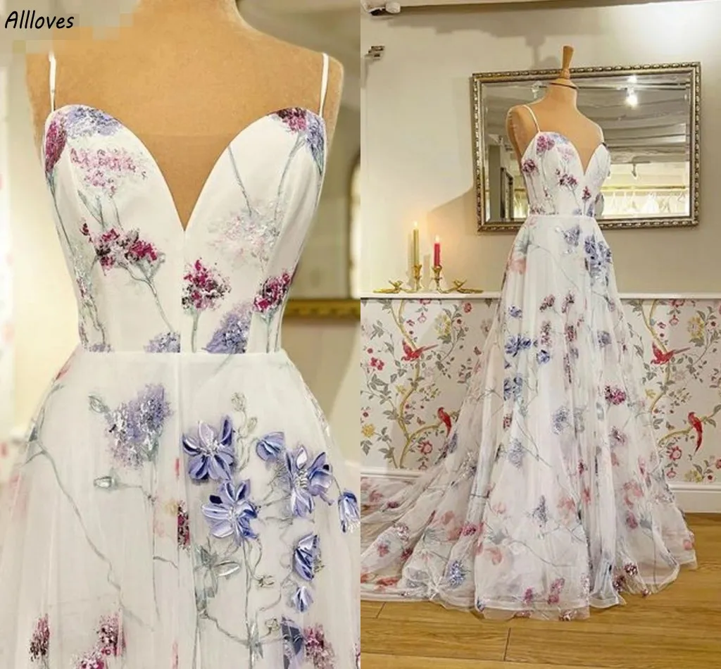 Floral Print Charming Spring Prom Dresses Spaghetti Straps A Line Long Elegant Formal Party Gowns Sweep Train Plus Size Women Second Reception Evening Dress CL3407