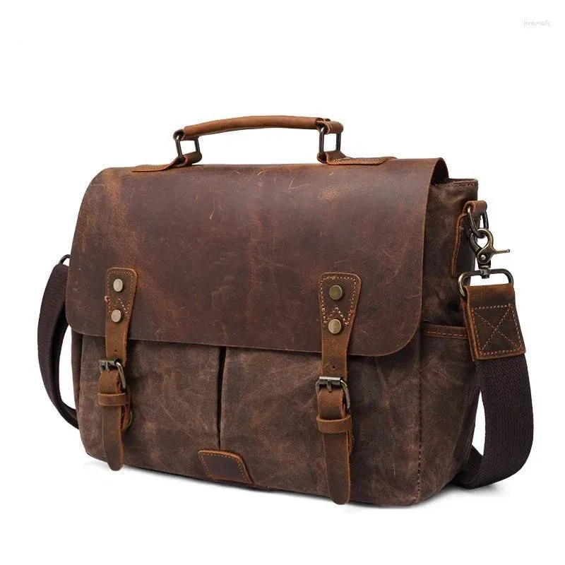 Rugzak Vintage canvas gesplitste tas van echt leer Enkele schouder Messenger Casual Pography Waterdichte voering Camera mannelijk