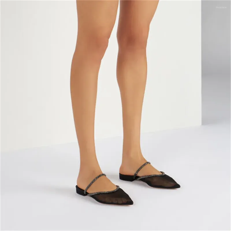 Talltor mesh design bling dekoration slingback skor pekade tå platt med klackar kvinnor chaussures femmes soldes