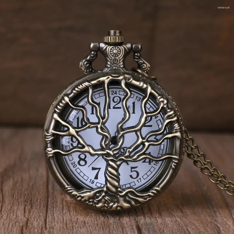 Карманные часы Ретро унисекс Бронзовый дизайн с полым деревом Кварцевые часы с цепочкой-брелоком Женское ожерелье с подвеской Мужской подарок CF1088