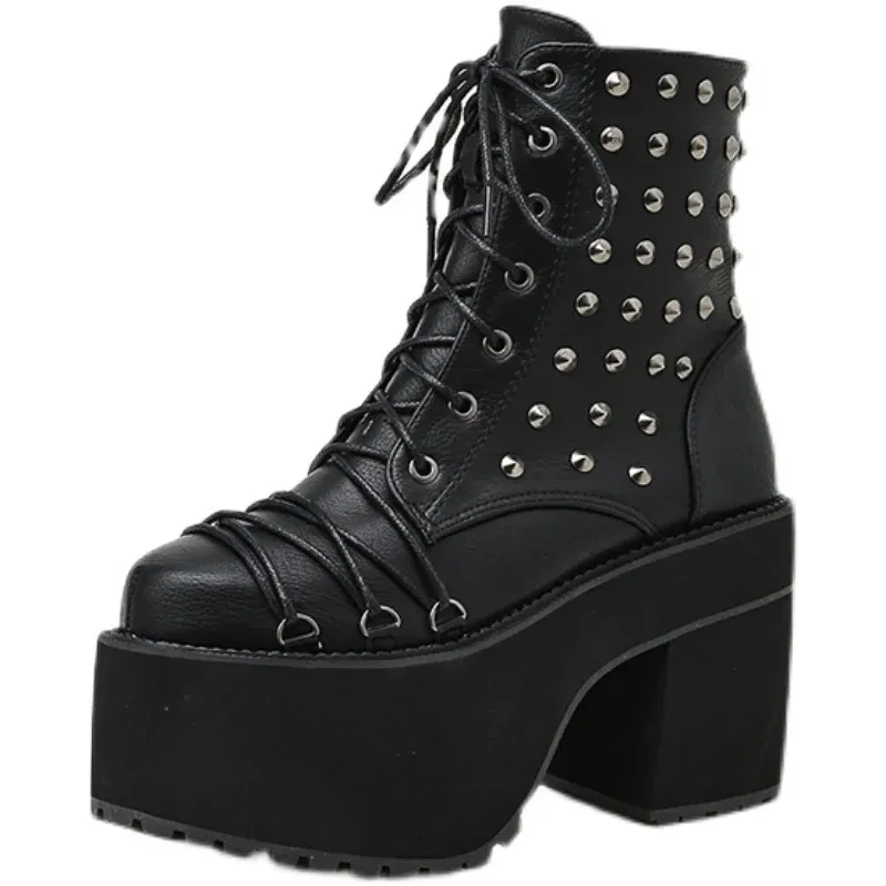 Stiefel neue Frauenschuhe Frauen Boots PU Black Round Toe Hightop Crosslaced Rivets Street Nachtclub Persönlichkeit Knöchelstiefel KC037