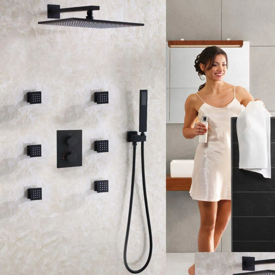 Наборы для душа для ванной комнаты Матовый матовый черный набор смесителей Современный 12-дюймовый термостатический смеситель с дождевой насадкой Vae Drop Delivery Home Garde Ot0Mu