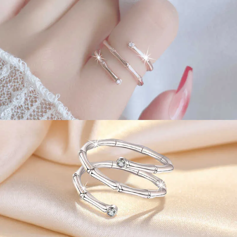 Trendy Doppelschicht Bambus Link Ring Womens Fashion Persönlichkeit Micro Set-Strass-Eröffnungsanpassungsring (Koreanische Version)