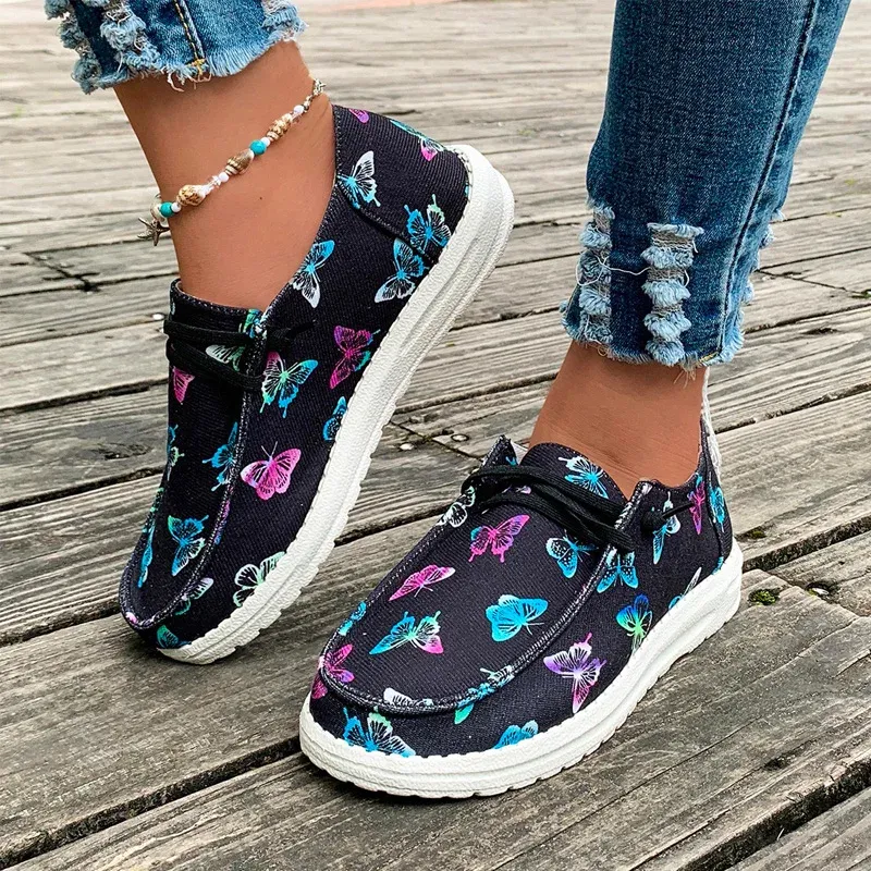 Loafers kelebek baskı tuval ayakkabıları kadın hafif slipon spor ayakkabı bayanlar nefes alabilen ayçiçeği loafers marka tasarımı gündelik daireler