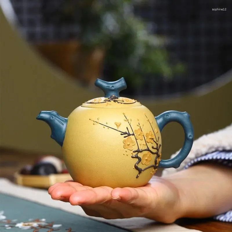 TeAware Setleri El yapımı Çay Pot Wintersweet Çiçek Rölyef İşaretli Geleneksel Craft 9 Infuser Delikleri Çince Gerçek Yixing Zisha Kungfu