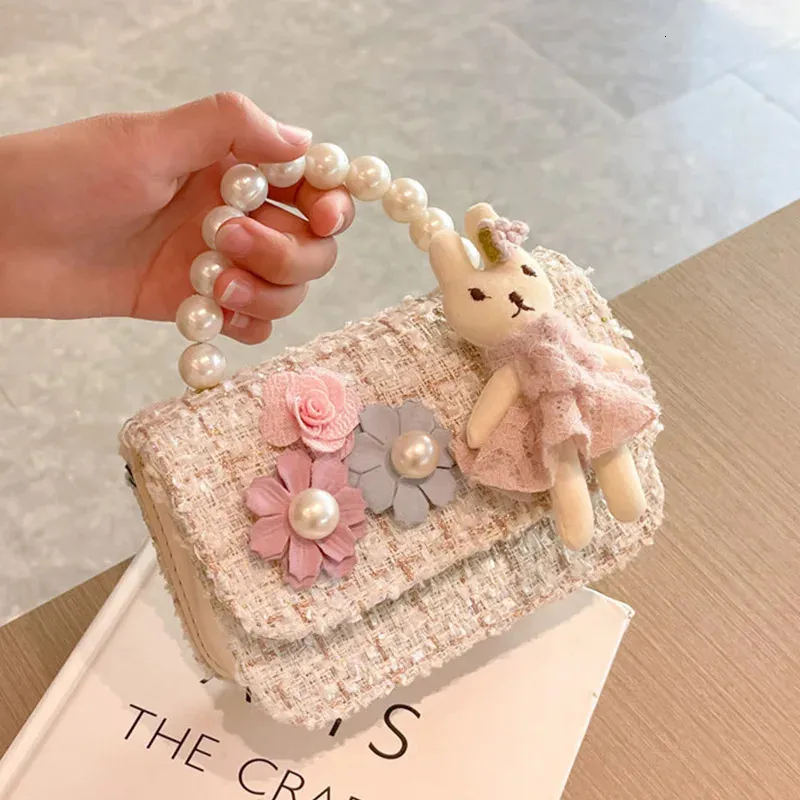 Children Wallet Small Bag Cute Girl Classic Coin Purse Tweed Handbag Flower Beading Princess Kid Money Bag Baby Shoulder Bag 240314