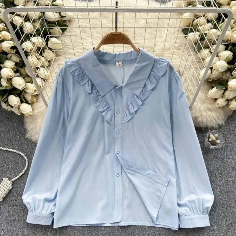 Damesblouses Lente Casual overhemden voor dames Volantrand Omslagkraag Lange blouse met pofmouwen Franse chic Dames Blusa Drop