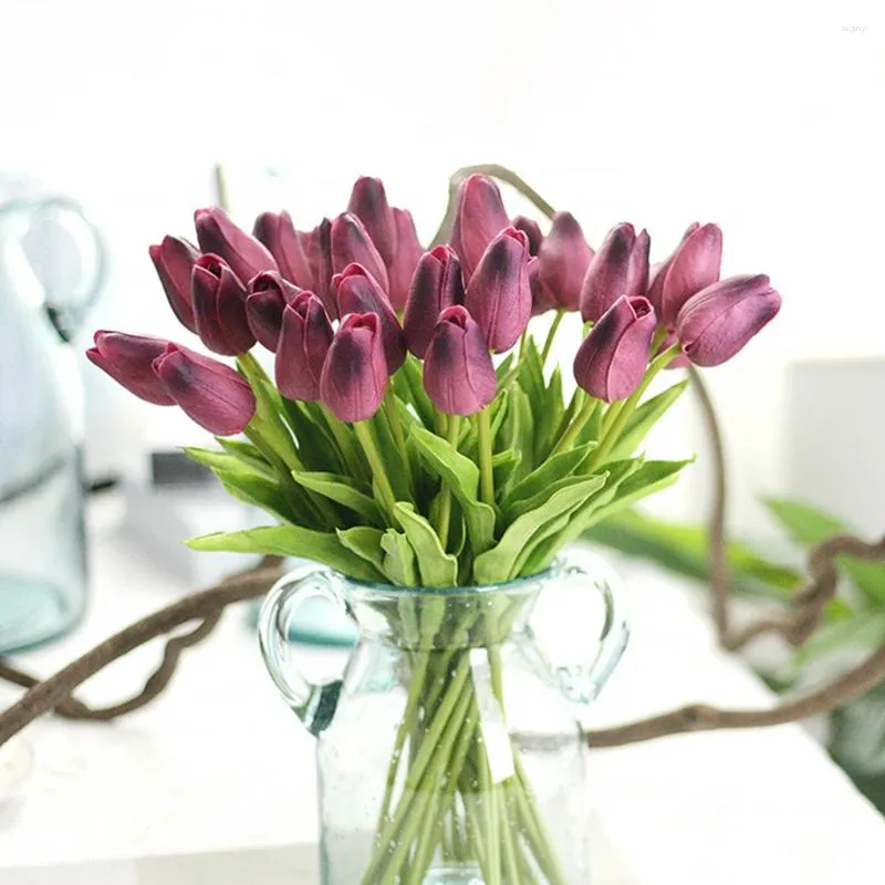 Dekorativa blommor 20-stycken Icke-giftiga och luktfria konstgjorda tulpaner för bröllopsbuketter DIY Flower
