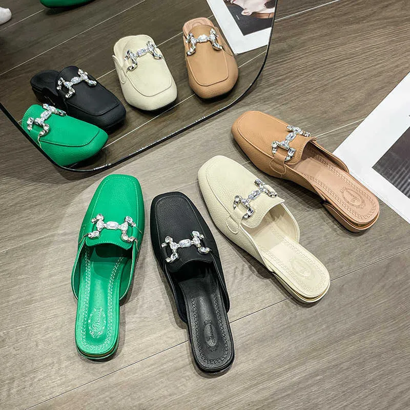 Early Spring 2024 Metal Buckle Baotou Half Slippers Han Style Lazy Man Kicks Fashion Square Head Cool Slippers for Women