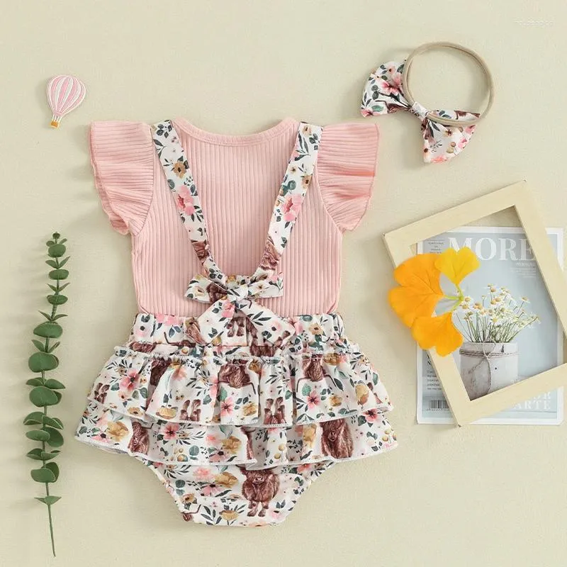 Kleidungssets Western-Baby-Kleidung für Mädchen, einfarbig, geripptes Hemd, Rüschen, ärmelloses Oberteil, Blumen-Overalls, Shorts, Kuhmuster, Hosenträger-Strampler