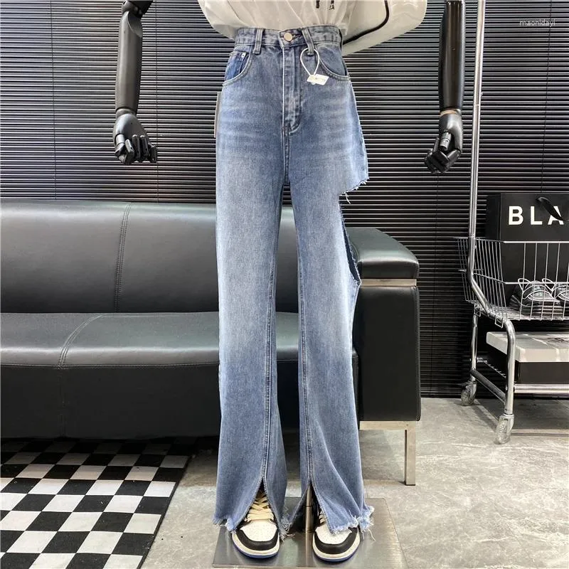 Women's Jeans 2024 Fashion Designer High Waist Vintage One Leg Side Ripped Inside Hem Fork Straight Pants