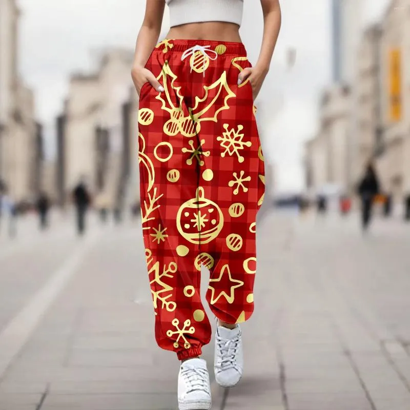 Women's Pants Christmas Women Trousers Snowflake Santa Print Long Elastic Waist Leggings Streetwear Tree Casual Daily