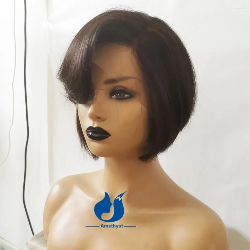 Parrucche per capelli umani con taglio pixie ametista, parrucca anteriore in pizzo 13x6, colore naturale, Remy, con frangia