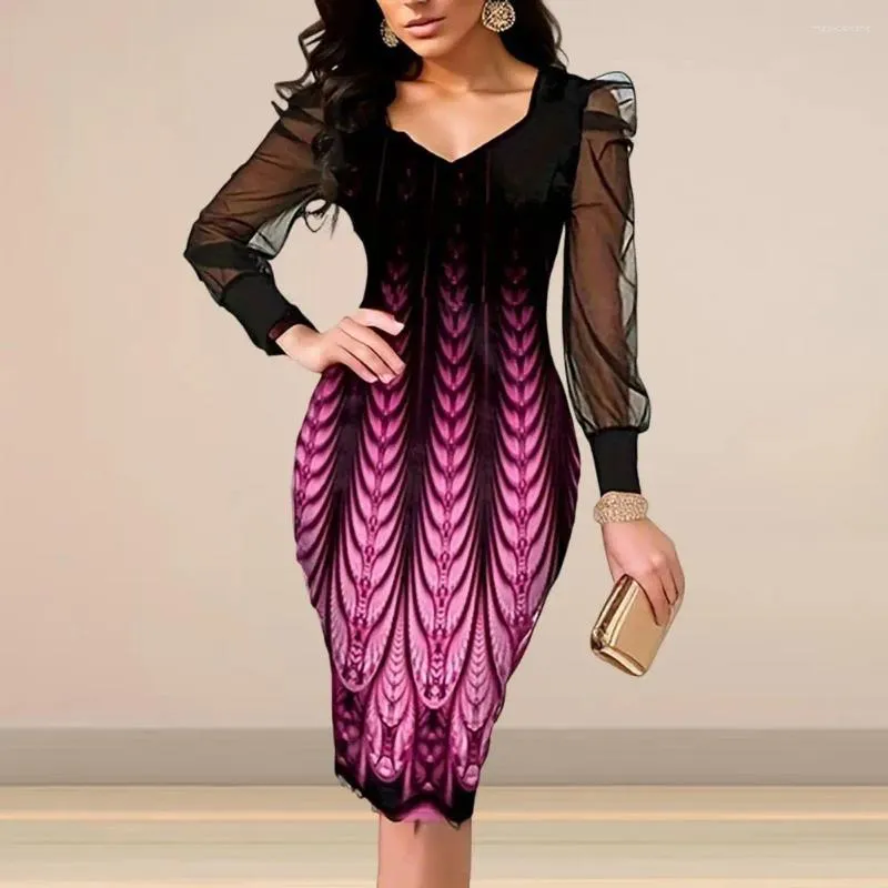 Casual Dresses Women Dress Printed Elegant V Neck Mesh Sleeve Midi Sheath Knee Length Plus Size Formal Slim For