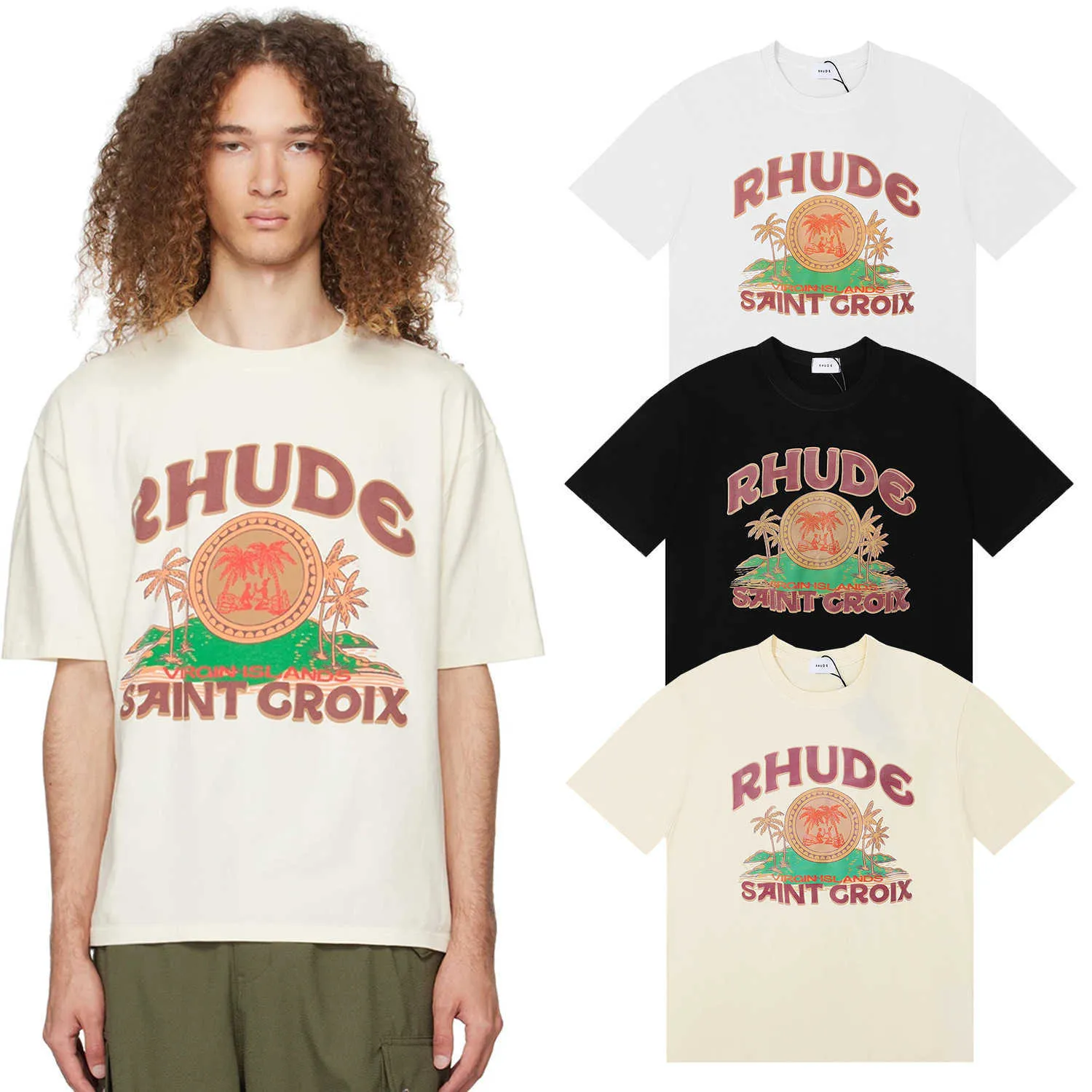 Meichao printemps/été nouveau Rhude lettre impression poids élevé Double fil pur coton décontracté ample à manches courtes T-shirt pour hommes et femmes0YA30YA3