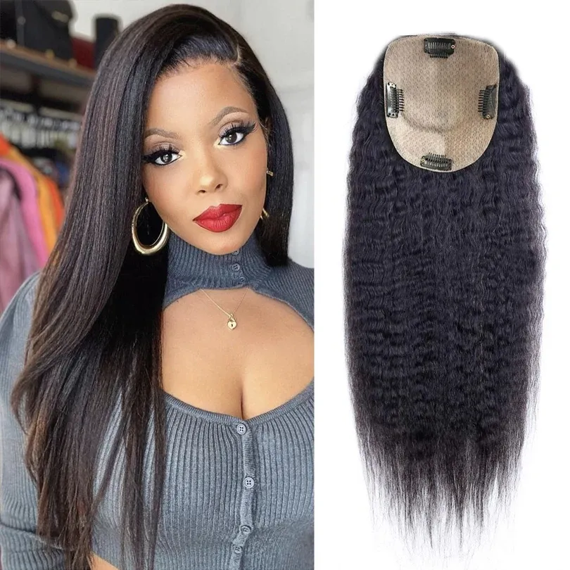 Toppers Kinky Straight Silk Base Topper Human Hair 15x16cm Brazilian Coarse Yaki Virgin Human Hair Topper with Baby Hair 4 Clip ins