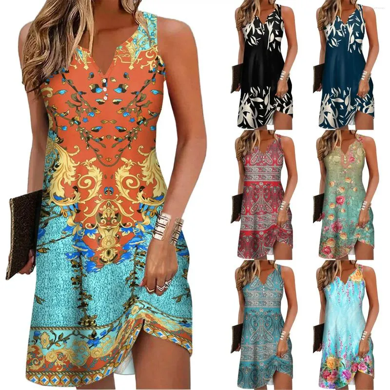 Casual Dresses Womens Summer Dress Button Down V Neck Sleeveless Fashion Boho Floral Beach Sundress A Line Cotton Midi