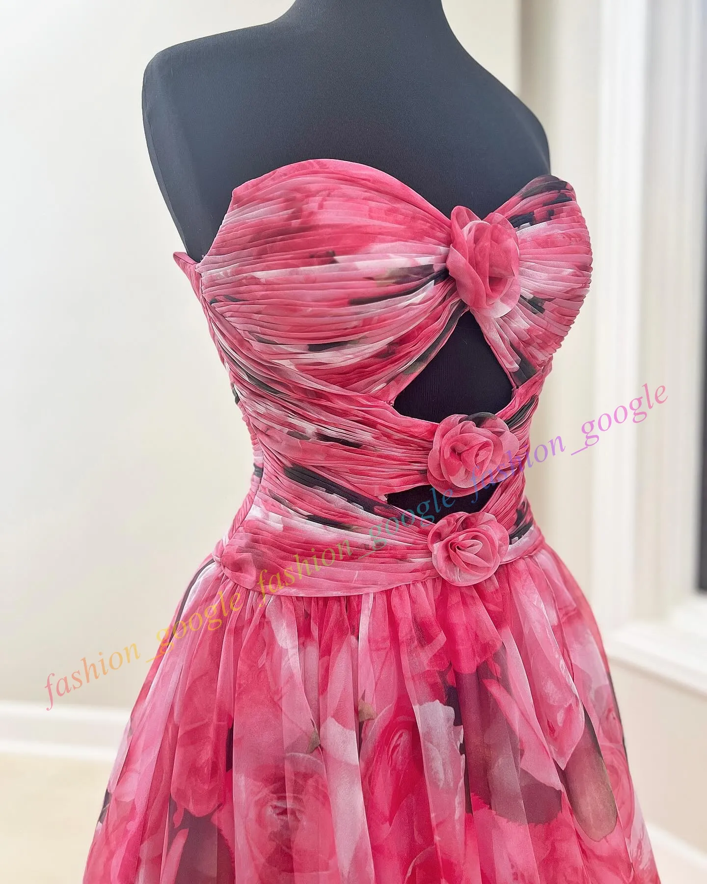 Rosette Printed Chiffon Prom Dress 2k24 Center Keyhole Pink