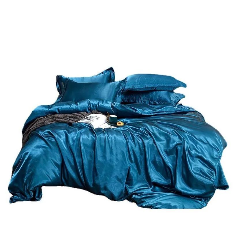 Yatak takımları saf renk taklit ipek yatak levha er ve yastık kılıfı 4 damla teslimat ev bahçe tekstil malzemeleri dhmis