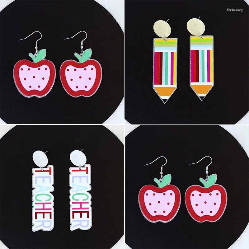 Boucles d'oreilles pendantes pour la journée des enseignants, personnalisées, pomme rouge, crayon coloré, lettre en acrylique, pour élèves et enseignants, décoratives