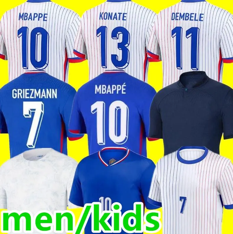 2024 2025 Camisa de futebol francesa Benzema Giroud MBAPPE GRIEZMANN SALIBA PAVARD KANTE Maillot de Foot Equipe Away Jersey Camisa de futebol Home Player Mulheres Homens Crianças Kit