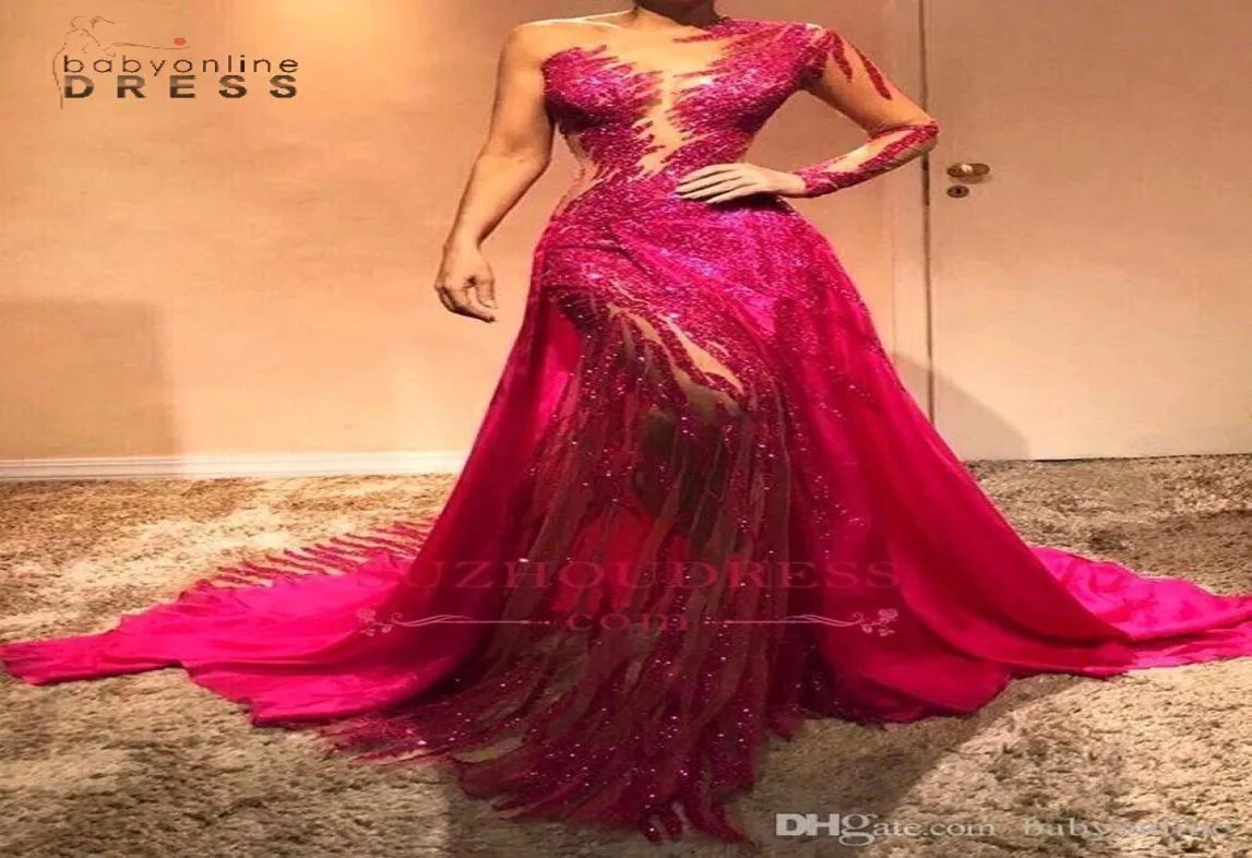 Glitter Fuchsia Sequin Evening Prom Dresses One Shoulder Mermaid Sparkly Long Sleeves Formal Evening Celebrity Elegant Gowns bc0506361611