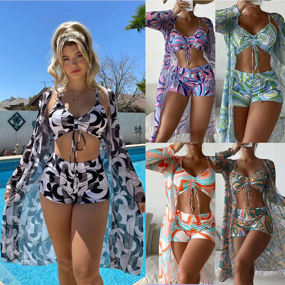 2024 Nieuwe dames driedelige bikini mesh masker shirt gradiëntprint vetermode zonbestendig badpak