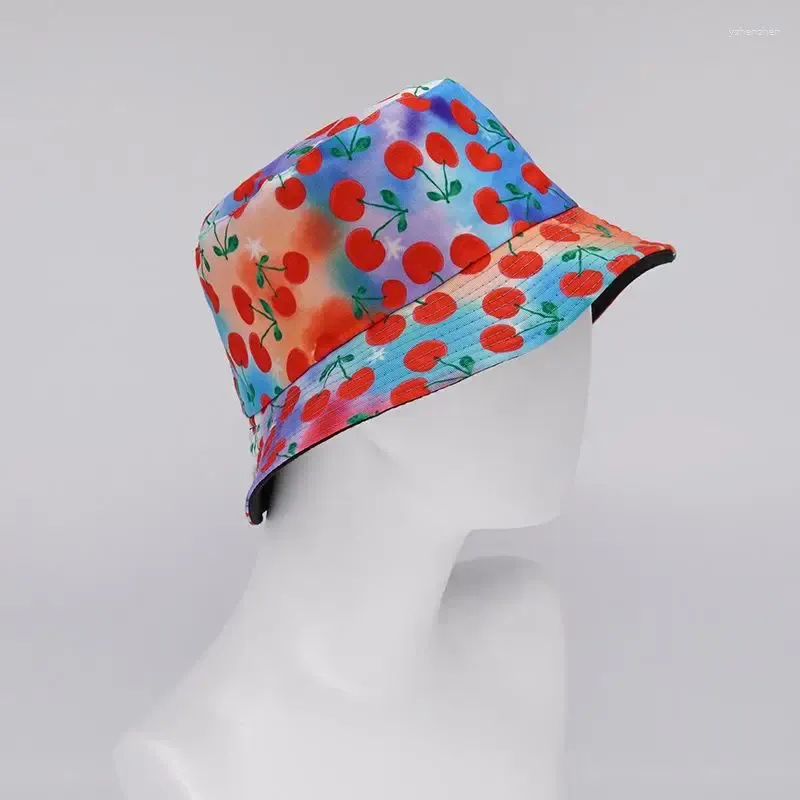 Bérets 2024 Quatre saisons Coton Fruits Cerise Imprimer Seau Chapeau Pêcheur Voyage en plein air Casquette de soleil pour hommes et femmes 458