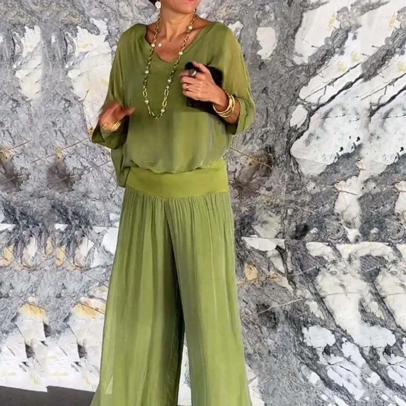 Pantaloni a due pezzi da donna Moda donna Abiti in chiffon solido Primavera scollo a V Top senza schienale Pullover Abito a gamba larga Mezza manica estiva ampia