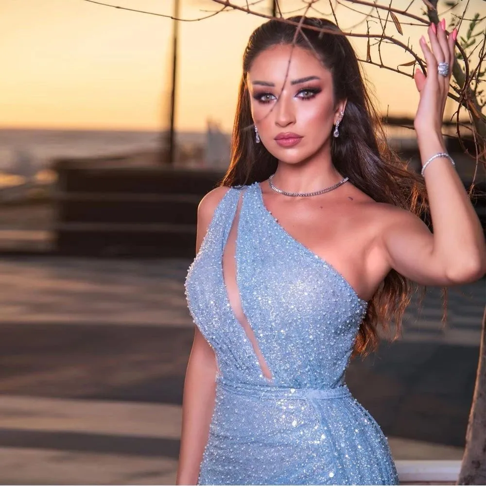 Glitter Sky Blue Mermaid Prom Dresses One Shoulder Sequins Beading Evening Party Gowns Cut Out Detachable Train robe de soirees
