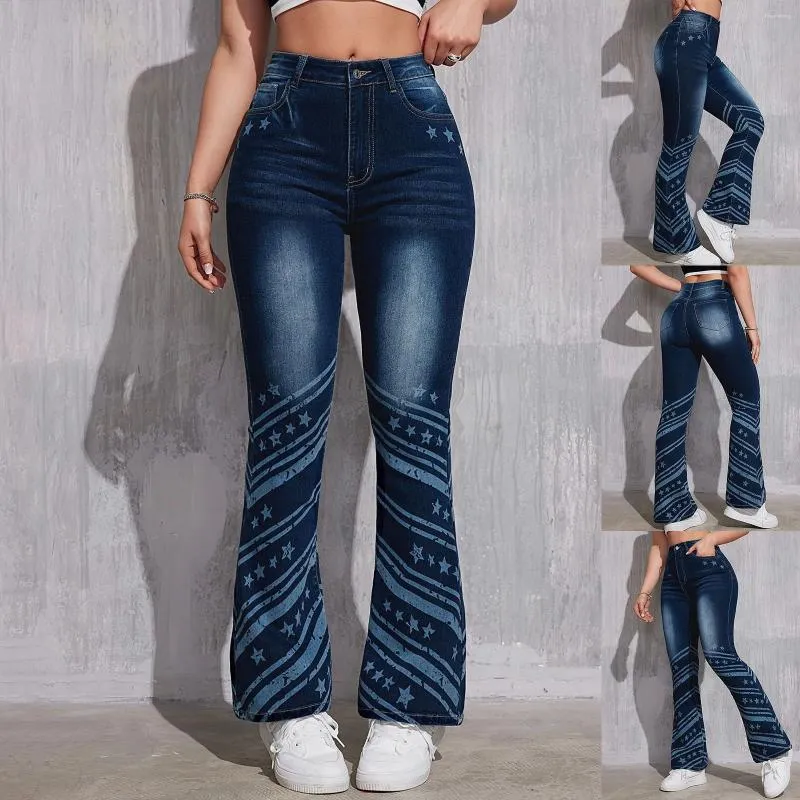 Damesjeans met sterrenprint Flare hoge taille rits en knoopzakken broek voor dames lente zomer casual comfortabele dames denim broek