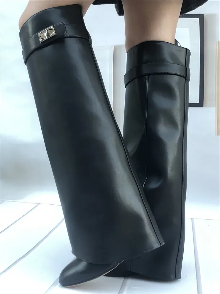 Boots Genuine Leather Shark Lock Boots Metal Decor Belt Knee High Botas Mujer Wedges Women's Shoes Ladies High Heel Knee Boots Female