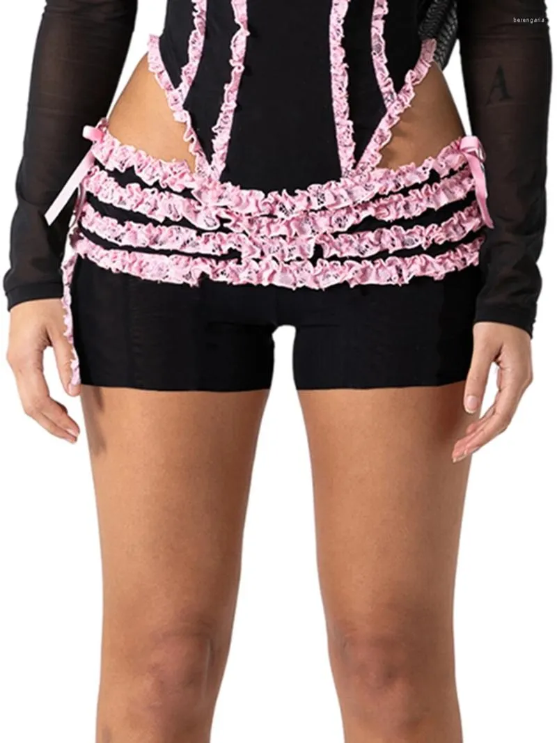 Kobiety szorty damskie letnie koronkowe wykończenie czarny elastyczny zespół wielopoziomowy tiul sznurka słodka mini krótkie spodnie streetwear