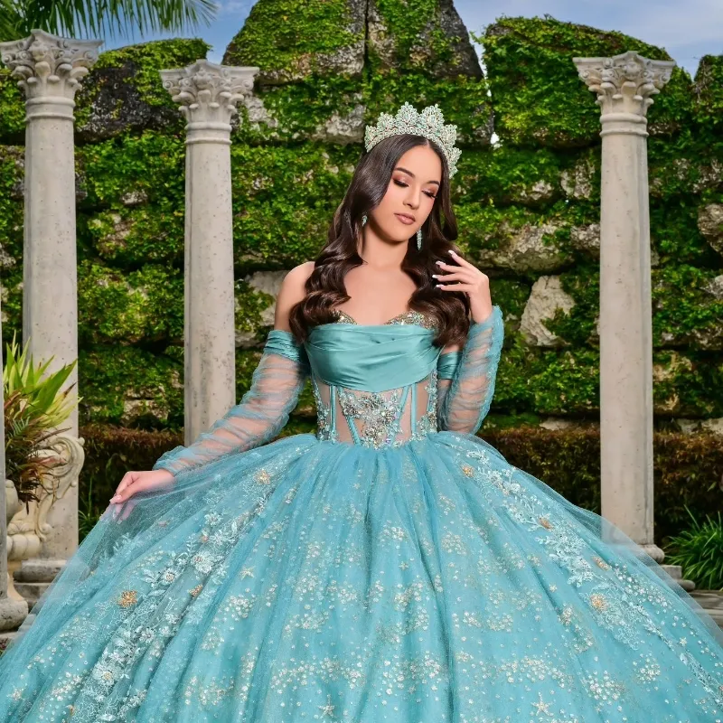 aqua green quince dress Illusion Aqua Tulle Lace Quinceanera Dresses with Lace Appliques Long Prom Ball Gown Sweet 16 main image 0