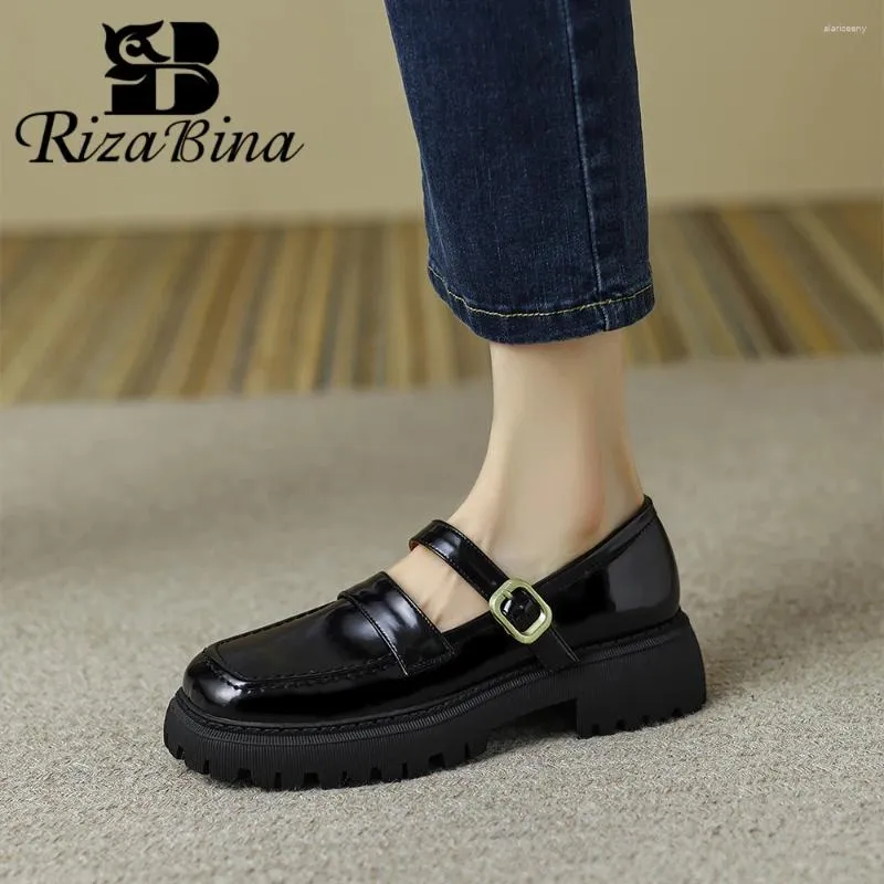 Casual Shoes RIZABINA Size 34-40 Women Penny Loafers Real Leather Round Toe Fashion Buckle Strap Mary Jane Female School Daily