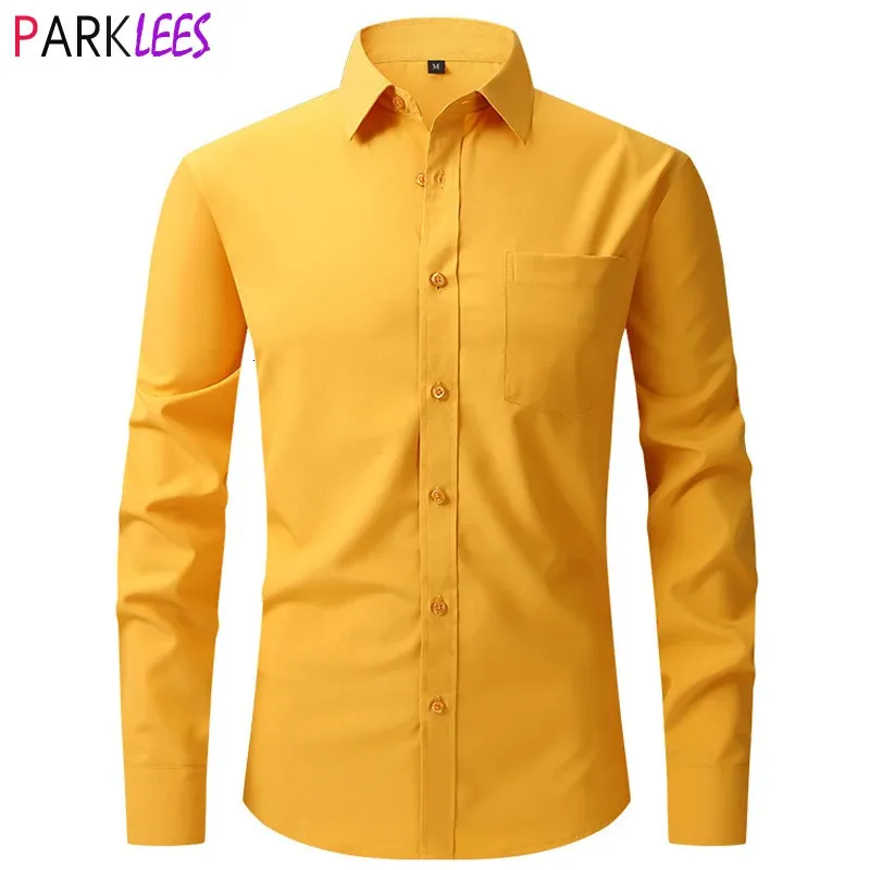 Żółte sukienki męskie koszule sprężyna zwykłe dopasowanie guzika na guziki pucha Mężczyźni mężczyźni bez zmarszczek łatwa do pielęgnacji formalna chemise 240320