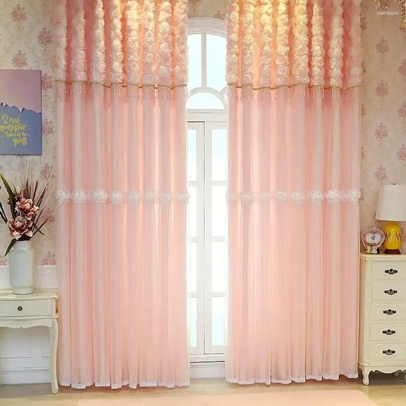 Gordijn 1 paneel 140 cm breed dubbellaags met volant kant voor meisjes prinses kamer slaapkamer 3D bloem kralen