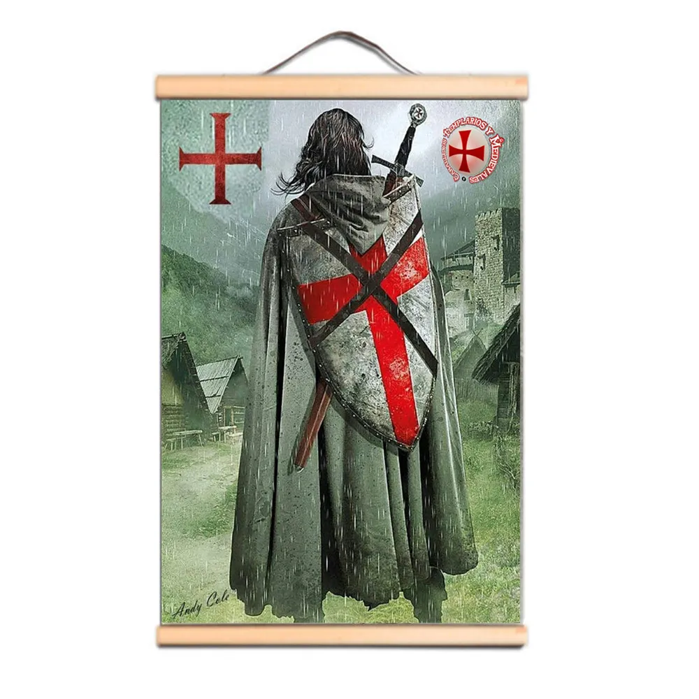 Christ Armor Warrior Banner Wall Hanging Picture Vintage Knights Templar Affischer Canvas Scroll Målning med Solid Wood Axis CD34