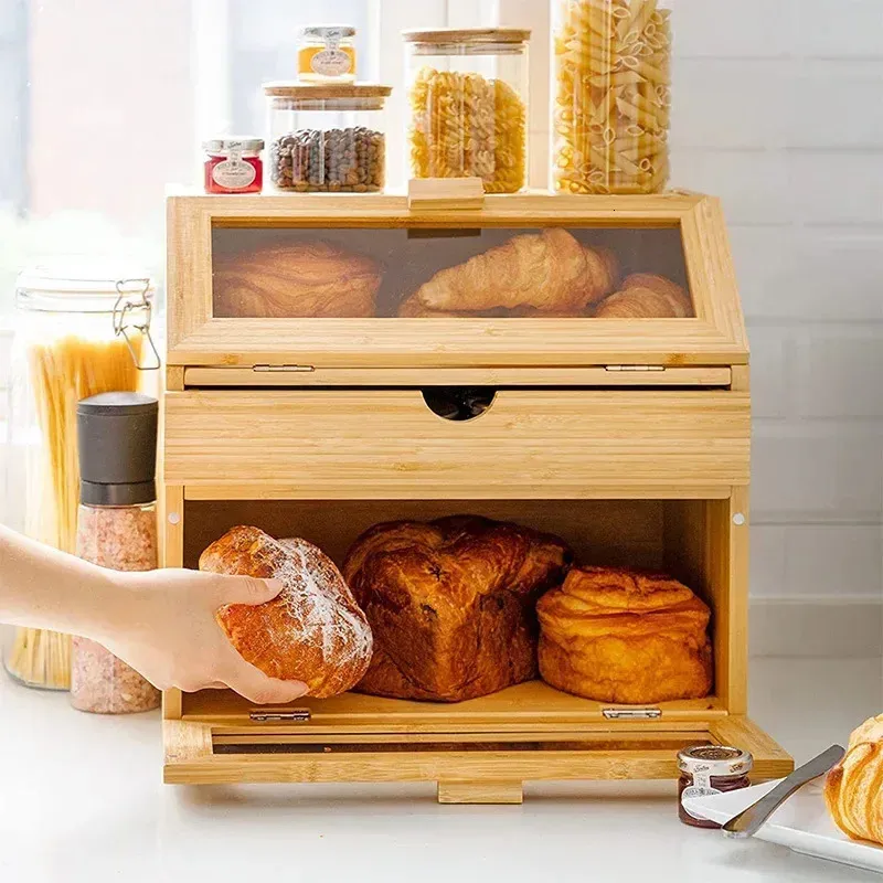 Boîte à pain en bambou, boîte de rangement de collations à 3 niveaux avec tiroir et fenêtre transparente en acrylique, boîte d'organisation de cuisine multifonction 240307