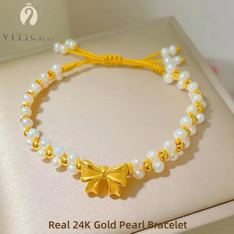 VITICEN Originele 24 K Goud 999 Natuurlijke Zoetwaterparels Strik Armband Kerstcadeau Aanwezig Voor Vrouw Fijne Sieraden 240311